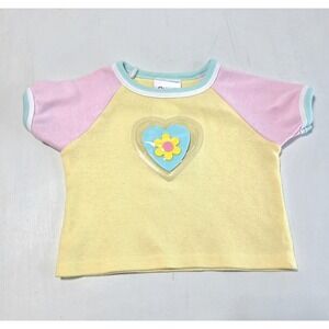 Vtg Y2k Small Steps Shirt Girls 4T Yellow Heart Flower Pastel Ringer USA 3D Pink